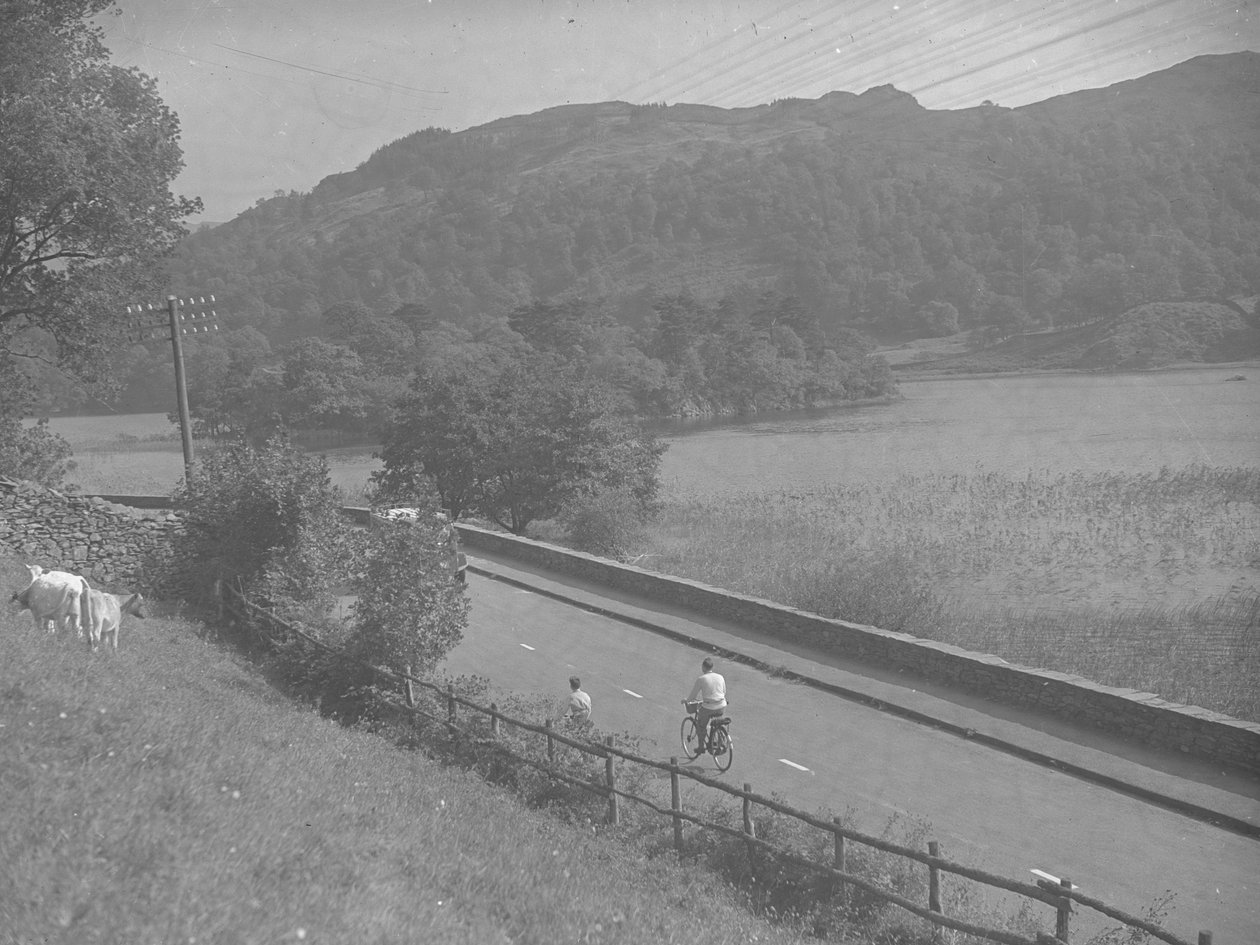 Pohled na silnici vedoucí podél vody Rydal Water, včetně lidí na kolech, dobytka a údolí. od Joseph Hardman