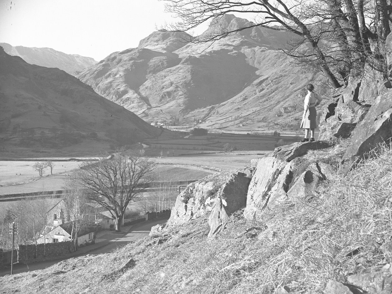 Žena stojící na kamenech pod stromem při pohledu na Langdale Fells od Joseph Hardman
