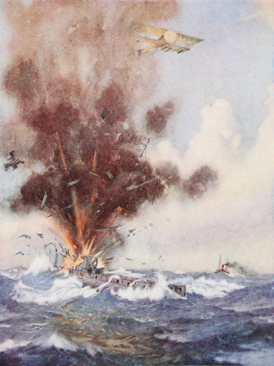 Velitel eskadry A.W. Bigsworth útočí bombami na německou ponorku, která se naplní vodou a potopí se u Ostende od Joseph Harold Swanwick