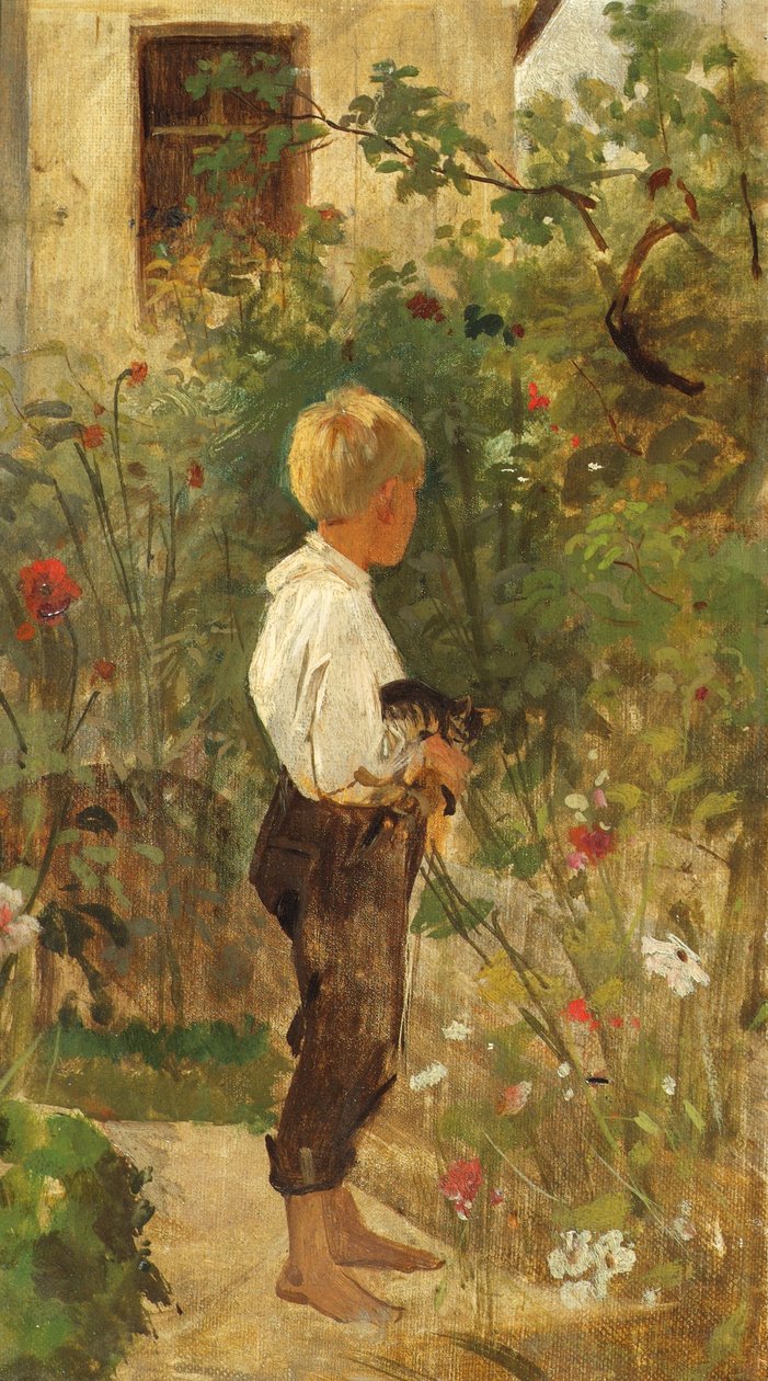 Chlapec s kočkou na zahradě od Joseph Hasslwander