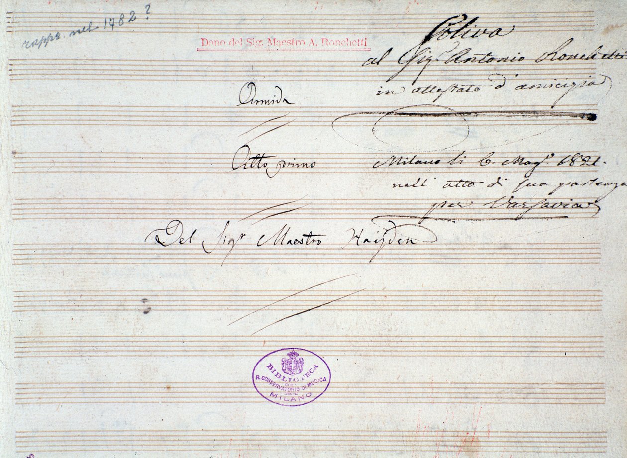 První stránka hudební partitury menuetu v Armidě od J Haydna (1821) od Joseph Haydn