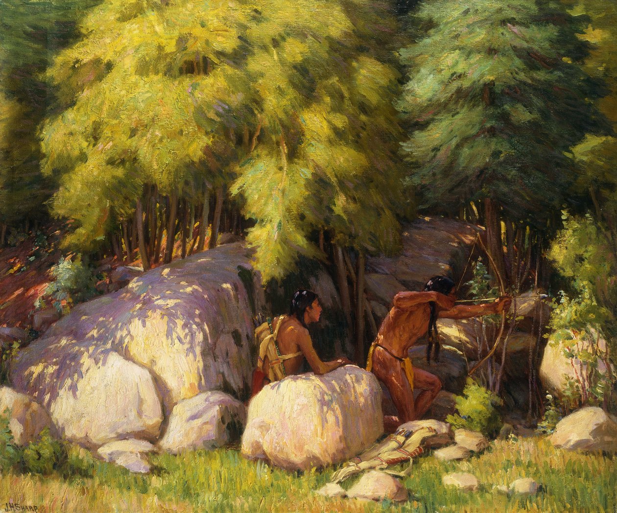 Indiánští odvážlivci při lovu jelenů od Joseph Henry Sharp