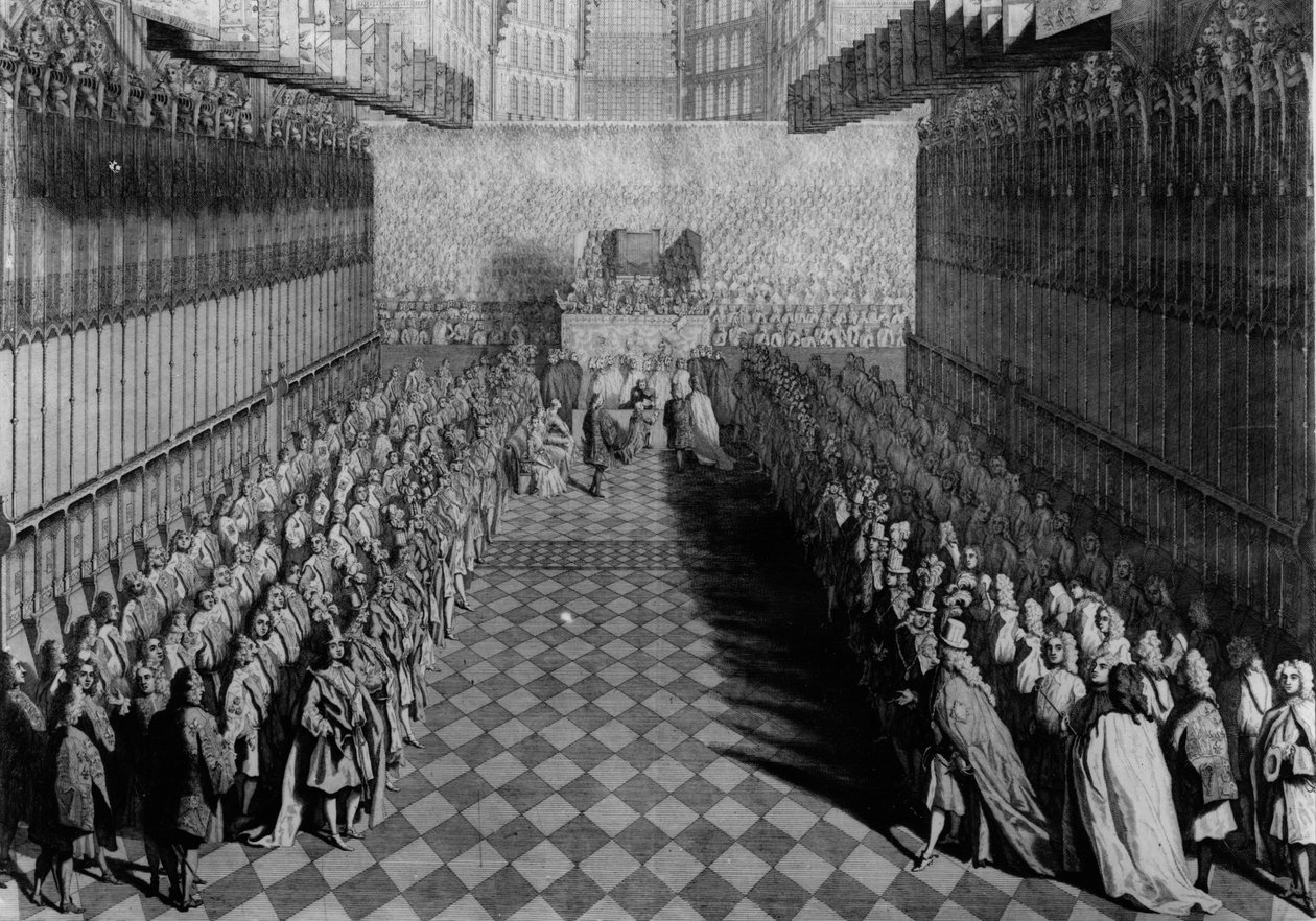 Princ Vilém nabízí svůj meč děkanovi u oltáře, rytíři stojí pod svými prapory, vydáno v roce 1730, vyryl J. Pine od Joseph Highmore