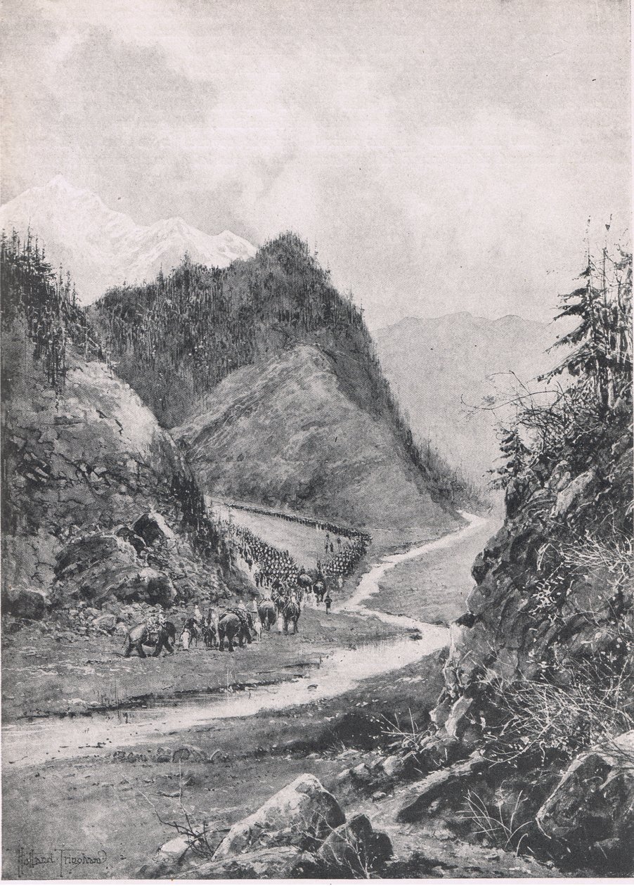 Afghánistán: Pochod kábulské kolony do Khandaháru, srpen 1880, ilustrace z britských bitev na souši a na moři, 1915 od Joseph Holland Tringham