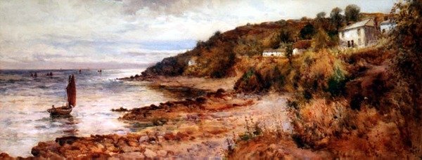 Rybářské lodě a chaty v zátoce Cemaes od Joseph Hughes Clayton