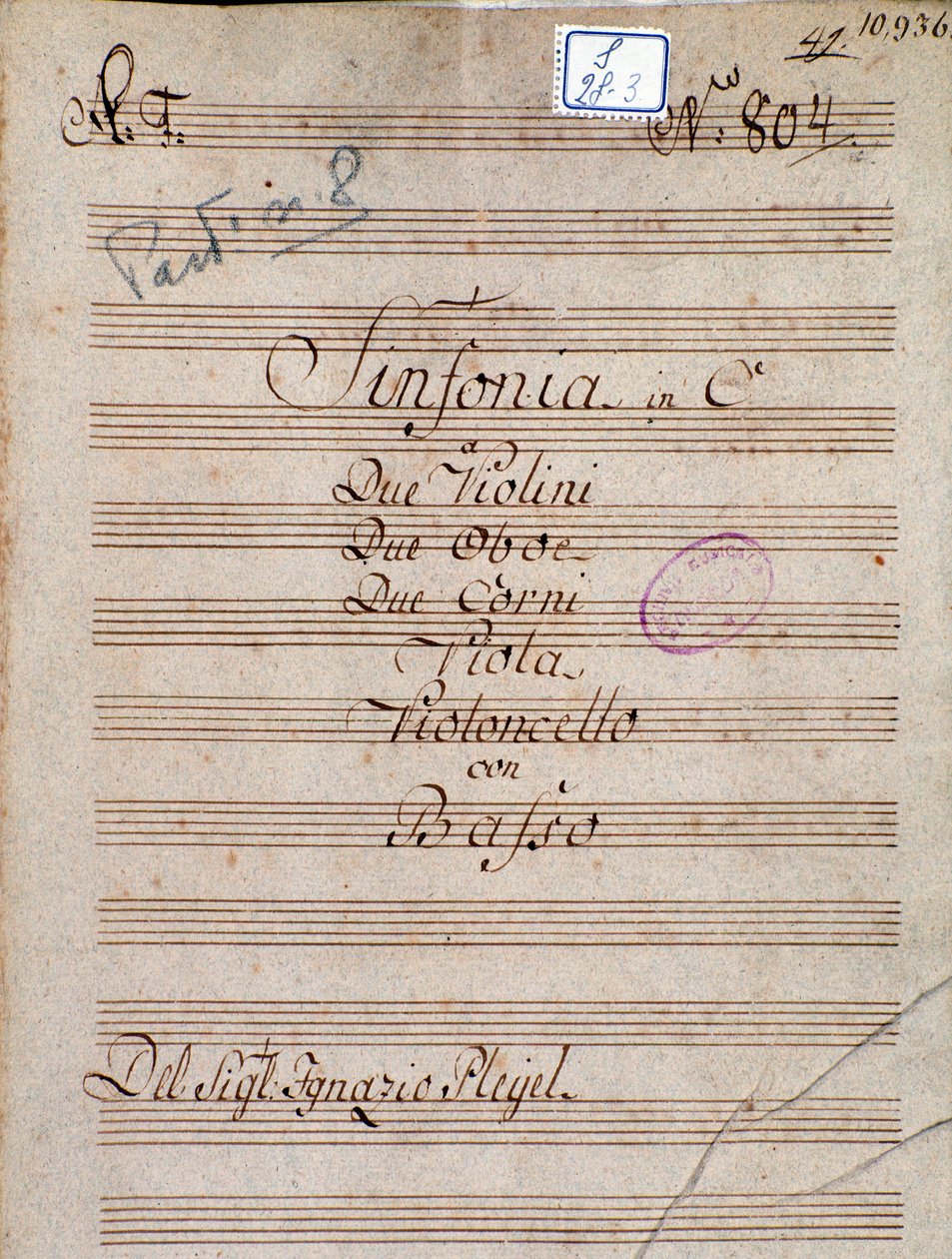 První stránka hudební partitury Symphony in C od Pleyela od Joseph Ignace Pleyel
