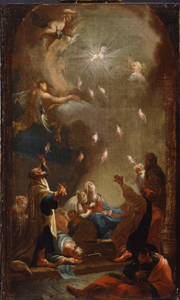Seslání Ducha svatého (letnice), Olej na plátně od Josepha Ignaze Mildorfera (1719-1775), cca 1750 - (Sestoupení Ducha svatého (letnice), Olej na plátně od J.I.Mildorfera, asi 1750) - Magyar Nemzeti Galeria (Maďarsko) od Joseph Ignaz Mildorfer