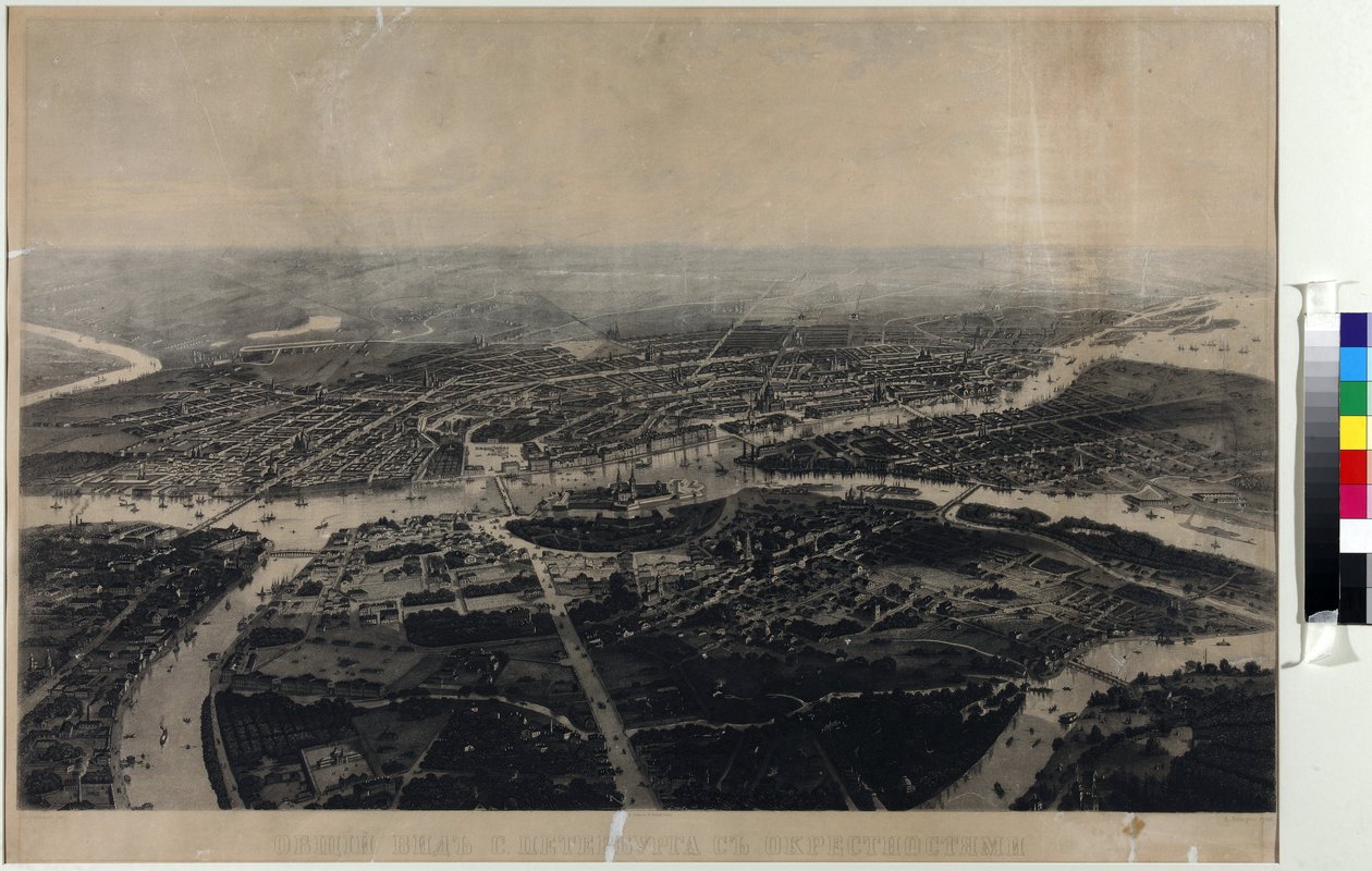 Panorama Petrohradu a okolí z ptačí perspektivy - Iosif Iosifovič Karel Veliký (1824-1870). Akvatinta, druhá polovina 19. stol.. Státní muzeum historie Petrohradu od Joseph Jossifovich Charlemagne