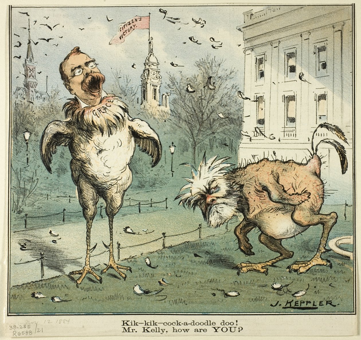 Kik-kik-cock-a-doodle doo! Pane Kelly, jak se máte, od Pucka od Joseph Keppler