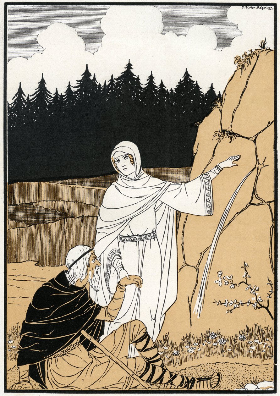 La legende de Sainte Odile (Odile de Hohenbourg, ca. 662- ca. 720) vytahující pramen ze skály - Ilustrace Josepha Kuhna Regniera (Kuhn-Regnier) (1873-1940) pro "Legendes et contes d