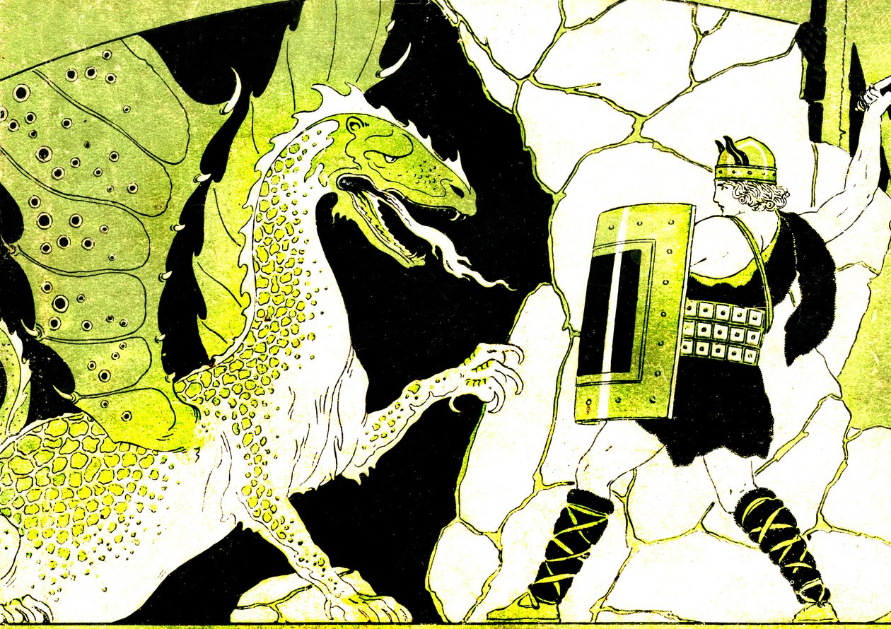 Siegfried bojuje s drakem. Legenda o Nibelunzích. Ilustrace Josepha Kuhna Regniera (Kuhn-Regnier) (1873-1940) pro "Epopees et legendes d