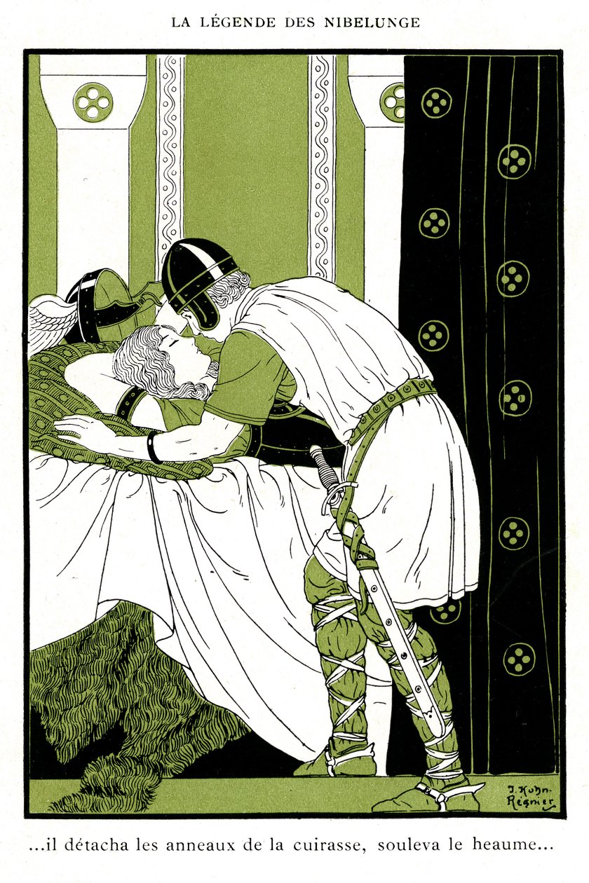 Legenda o Nibelungovi: Siegfried objímá Walkyrie Brunnhilde (chromolitograf) od Joseph Kuhn Regnier