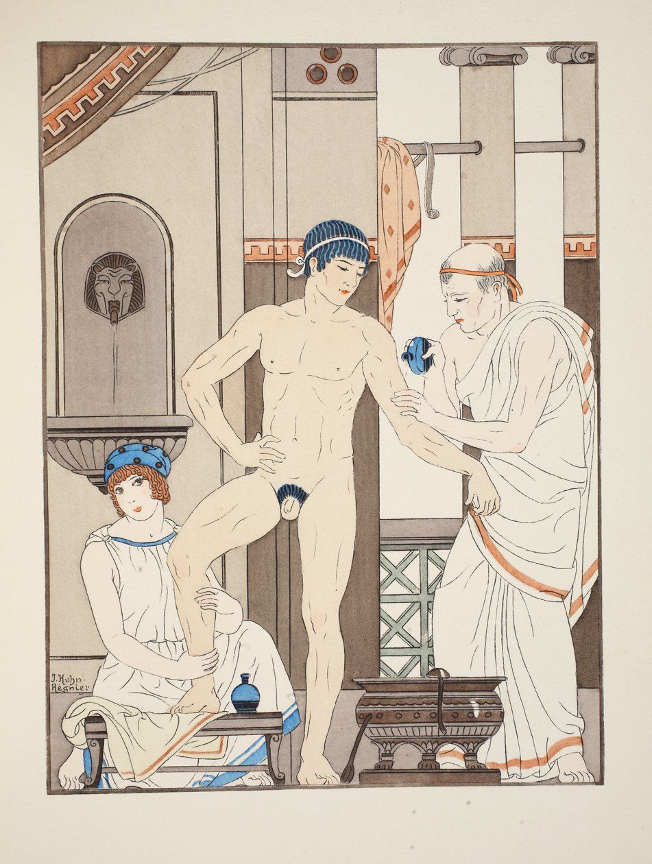 Masáž, ilustrace z knihy "Hippokratovy spisy", 1934 od Joseph Kuhn Regnier