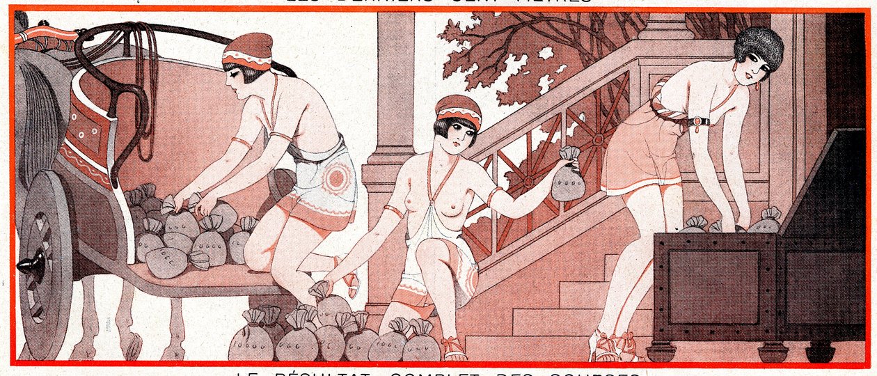 Co bylo v době olympijských her Le Prix de Diane - Kompletní výsledky závodů - Le Result complet de Courses - ilustrace z la Vie Parisienne, 1927 od Joseph Kuhn Regnier