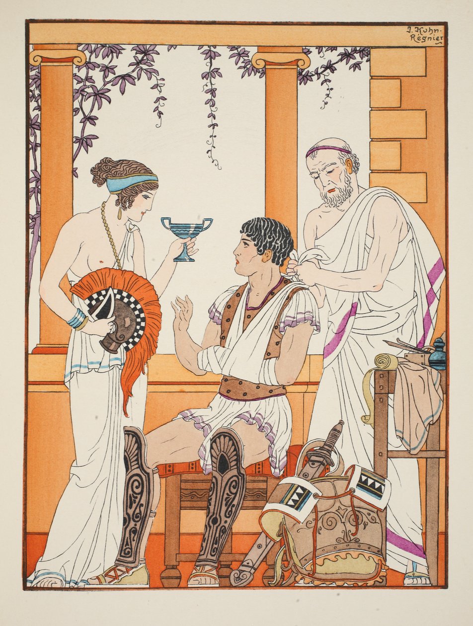 Zraněný voják s rukou v závěsu, ilustrace z knihy "The Works of Hippocrates", 1934. od Joseph Kuhn Regnier