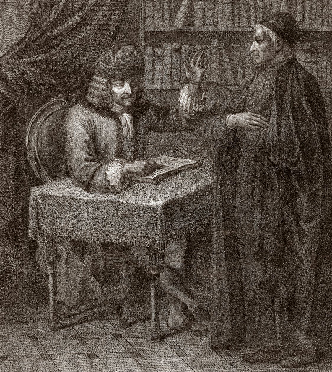 „Voltaire a mnich – VOLTIER, Francois-Marie Arouet – s duchovenstvem. Voltaire a kněz (náboženství) - rytina Josepha Lanteho - 1764 od Joseph Lante
