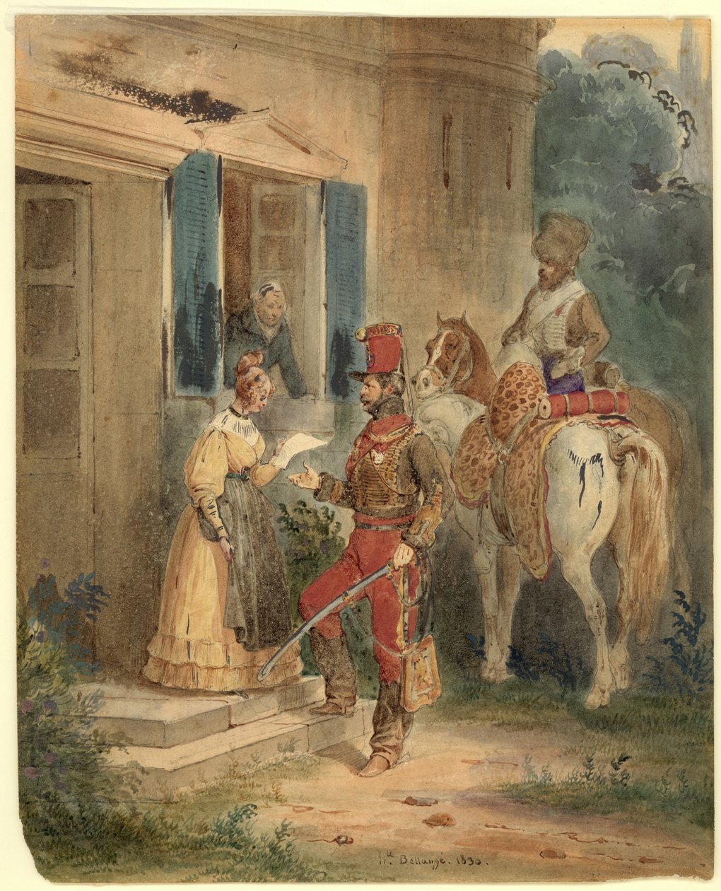 Husaři přinášejí zprávy (akvarel a inkoust na papíře) od Joseph Louis Hippolyte Bellange