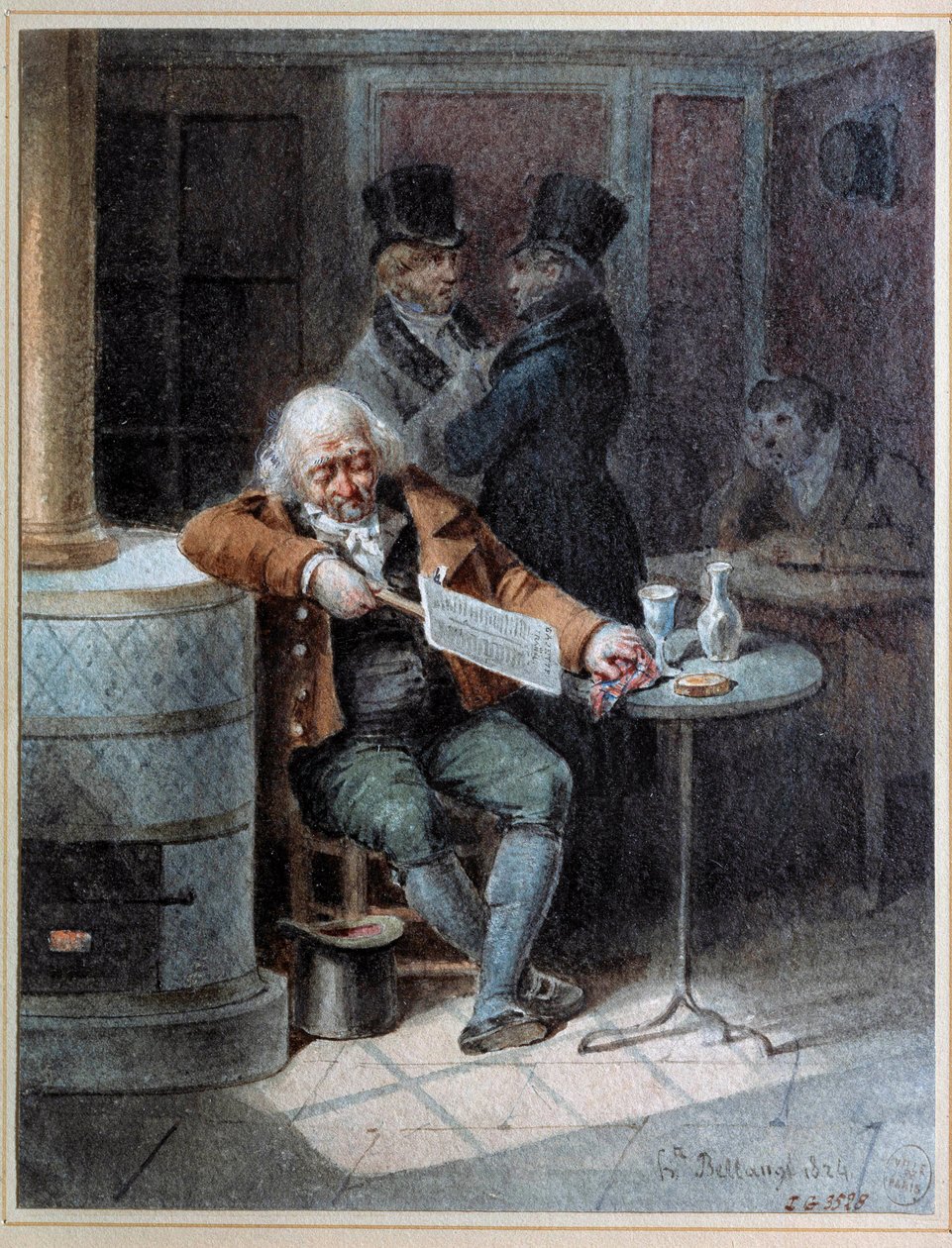 Reading of the Gazette““: starý muž spal v kavárně a četl noviny „The Gazette““ v roce 1824. Litografie Joseph Louis Hippolyte Bellange (1800-1866) 1824 Paříž, Musee Carnavalet od Joseph Louis Hippolyte Bellange