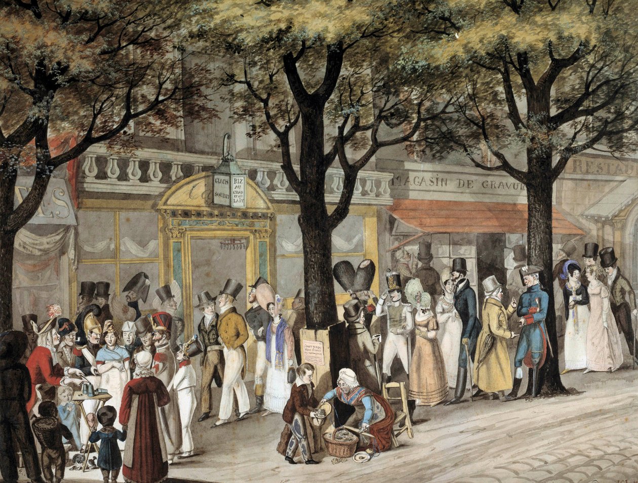 Procházka po pařížském bulváru v roce 1819 akvarelem od Josepha Louise Bellange (1800-1866) 1819 Paříž, Musee Carnavalet od Joseph Louis Hippolyte Bellange