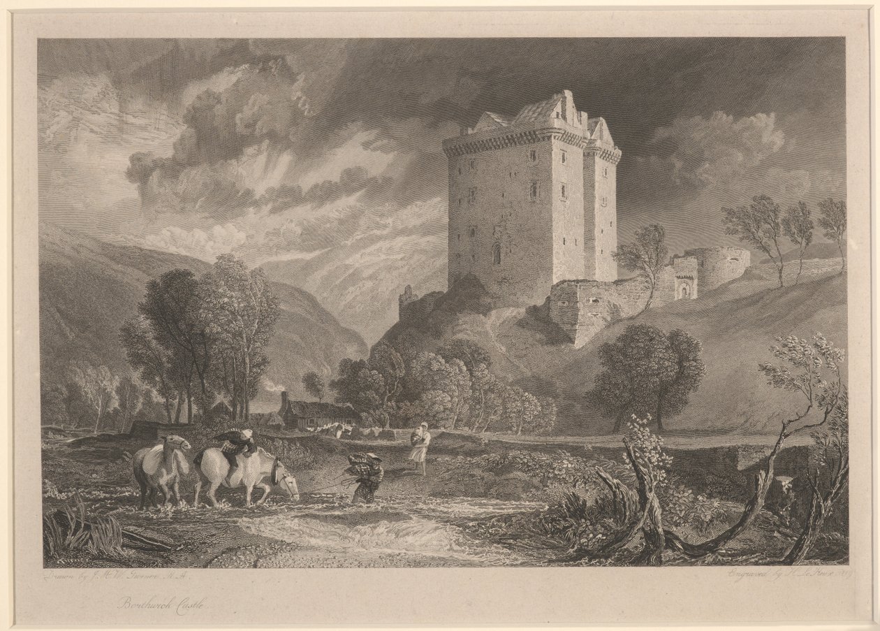 Hrad Borthwick (provinční starožitnosti a malebná scenérie Skotska), vyrytý Henry Le Keux (1775-1851) od Joseph Mallord William (after) Turner