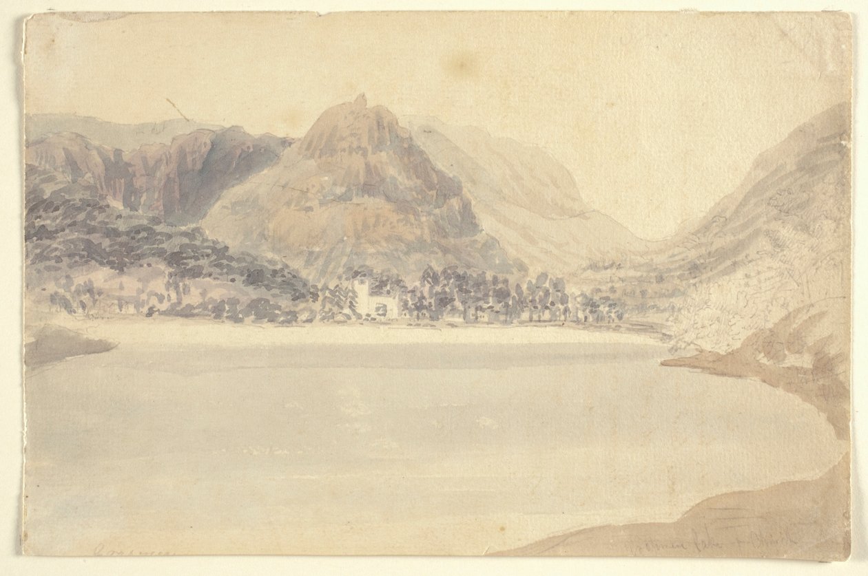 Grassmere Lake a kostel (akvarel přes tužku na papíře) od Joseph Mallord William (attr.to) Turner