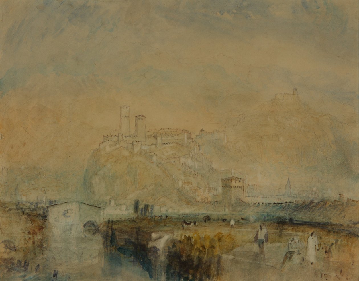 Bellinzona č. 11, Švýcarsko, cca 1843 (akvarel, pero a inkoust a tělová barva přes stopy tužky na papíře) od Joseph Mallord William Turner