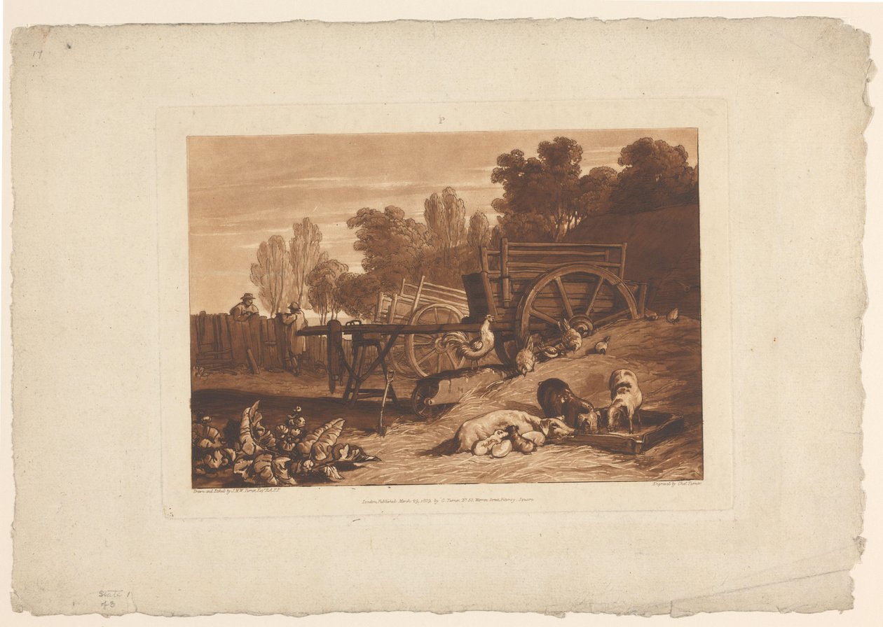 Statek s kohoutem, slepicemi a prasaty Farmářský dvůr s kohoutem Krajinářské studie (název série) Liber Studiorum (název série) od Joseph Mallord William Turner