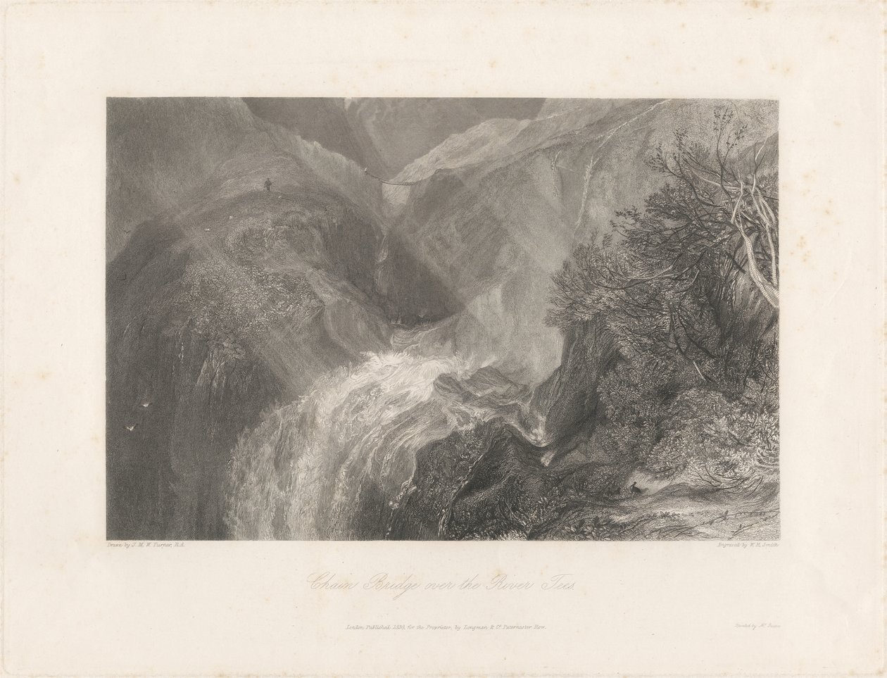 Řetězový most přes řeku Tees, 1838 (lept a rytina) od Joseph Mallord William Turner