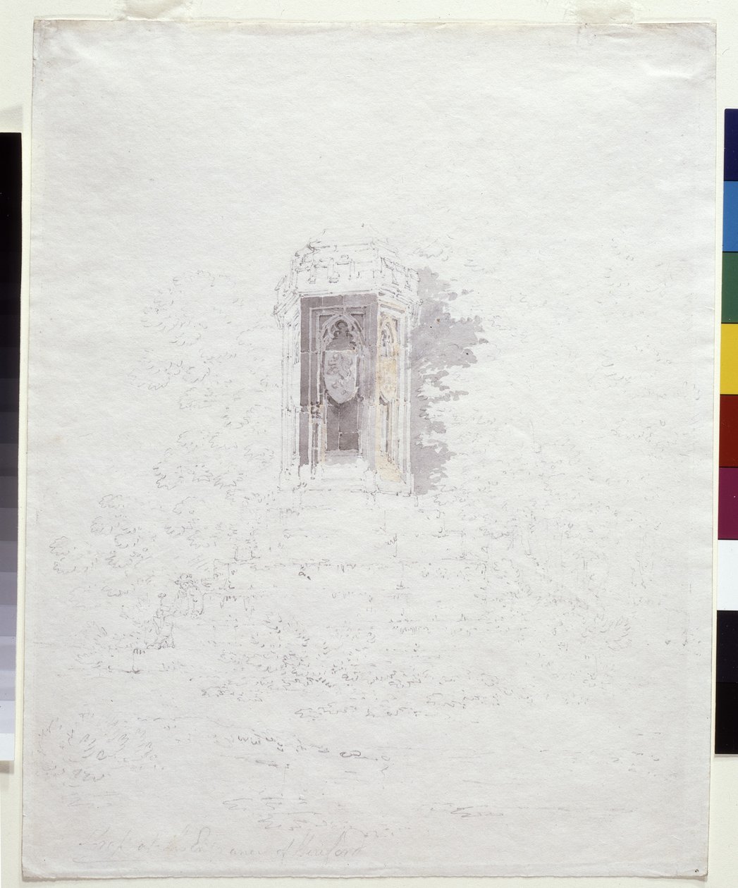 Cross At The Entrance To Hereford (tužka se žlutými a šedými lazurami na bílém papíře) od Joseph Mallord William Turner