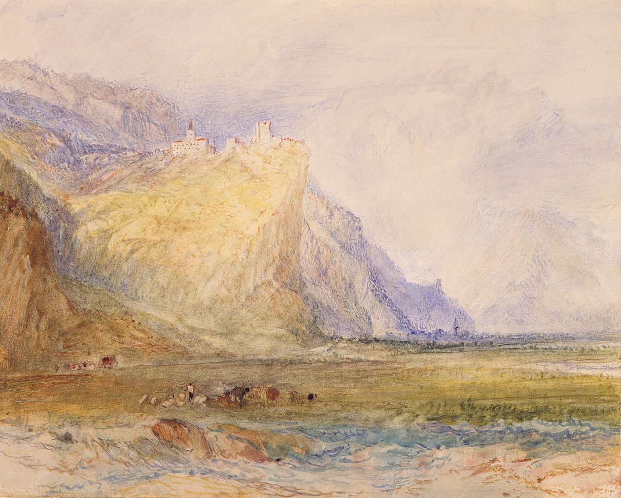 Domleschgin laakso, katsoen kaakkoon, kohti Schloss Ortensteinia, n. 1853 (akvarelli paperille) od Joseph Mallord William Turner