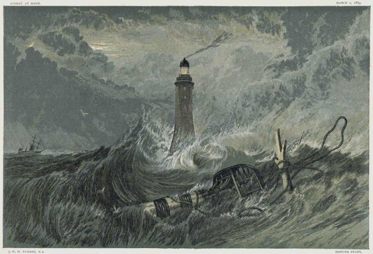 Maják Eddystone, postavený na skále Eddystone anglickým stavebním inženýrem Johnem Smeatonem v letech 1757-1759. Chromolitografie podle obrazu JMW Turnera od Joseph Mallord William Turner