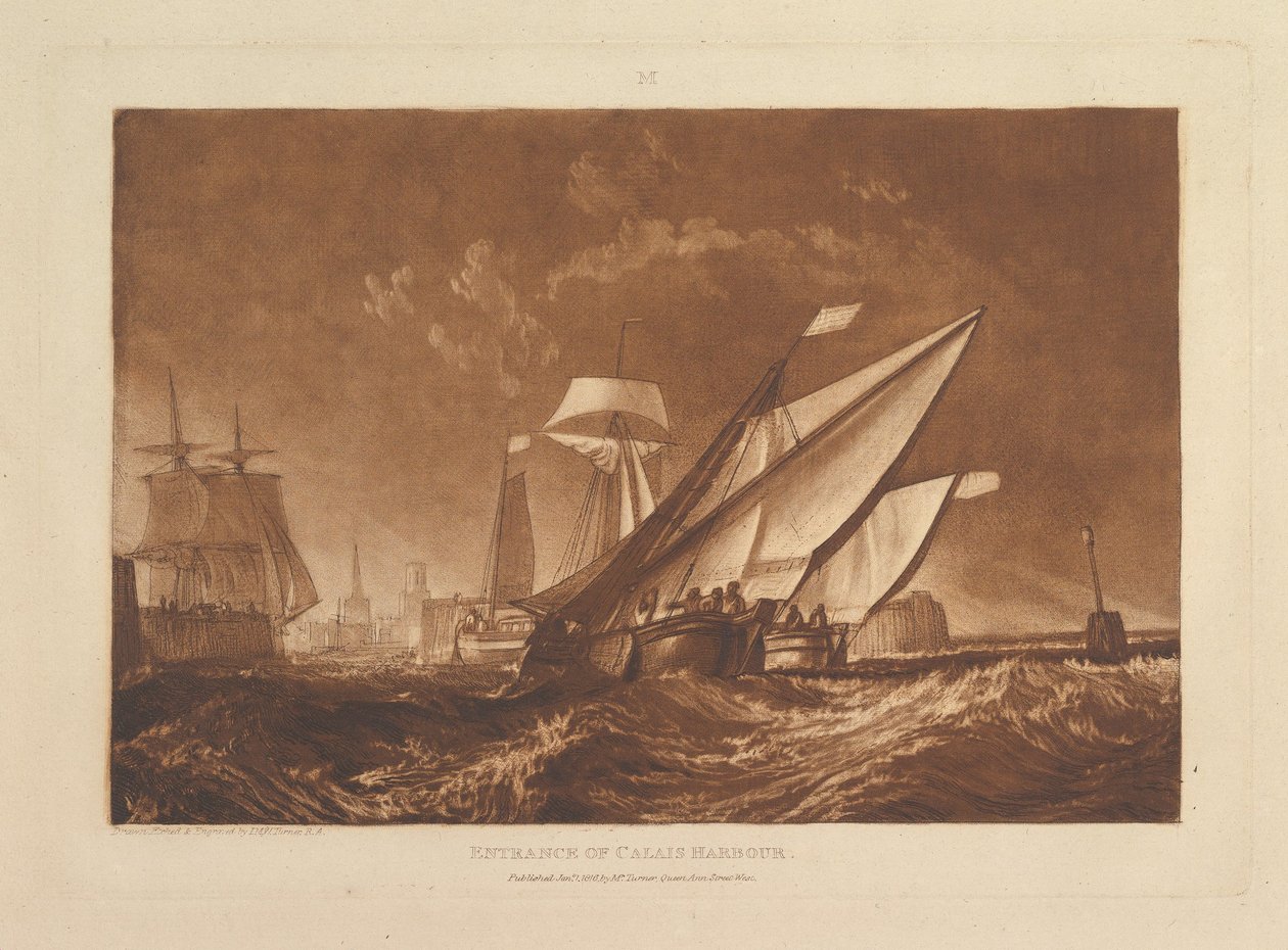 Vjezd do přístavu Calais, část XI, tabule 55 z „Liber Studiorum“ od Joseph Mallord William Turner