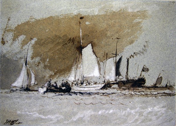 Rybářské lodě na moři, nalodění na parník u Cowes, Isle of Wight (pero & inkoust a barva karoserie na modrém papíře) od Joseph Mallord William Turner