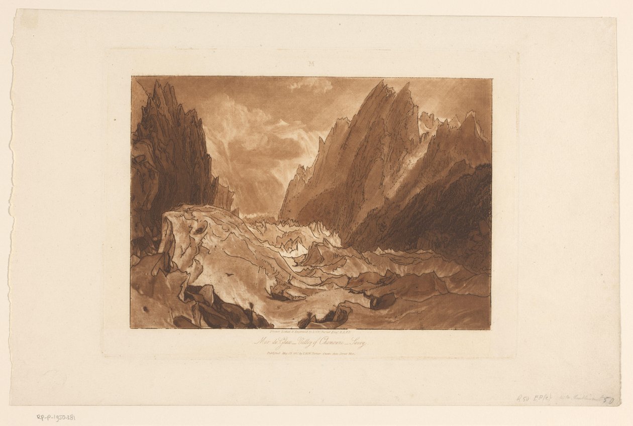 Pohled na ledovec Mer-de-Glace na Mont Blanc Mer de Glace – Údolí Chamouni – Savoy (název na objektu) Krajinářské studie (název série) Liber Studiorum (název série) od Joseph Mallord William Turner