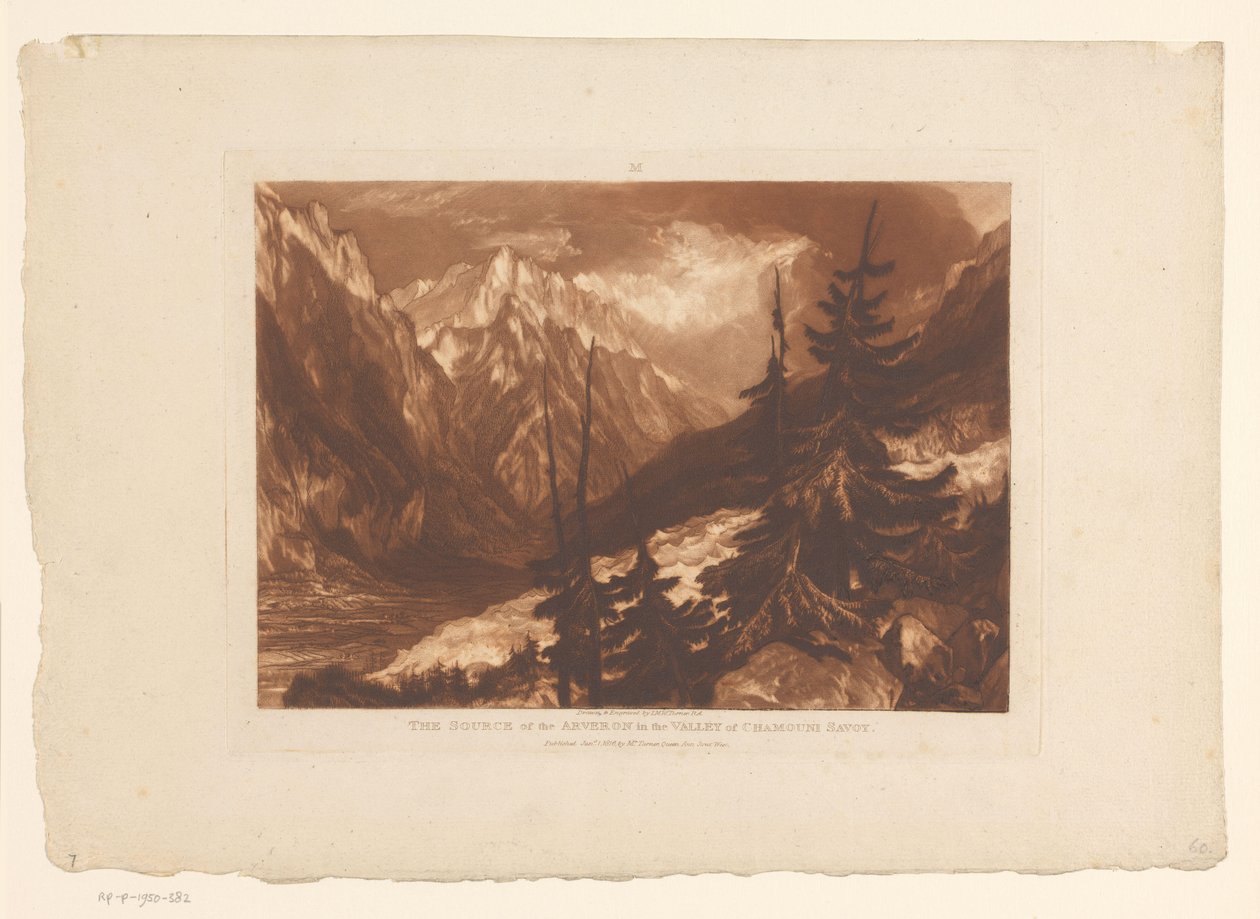Pohled na údolí Chamonix s řekou Arveyron Pramen Arveronu v údolí Chamouni Savoy (název na objektu) Krajinářské studie (název série) Liber Studiorum (název série) od Joseph Mallord William Turner