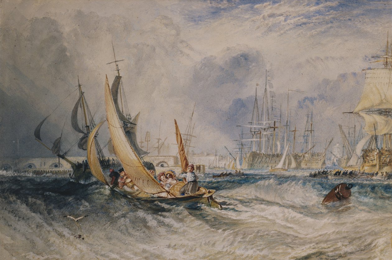 Gosport: The Entrance to Portsmouth Harbour, c.1829 (akvarel zvýrazněný arabskou gumou na papíře) od Joseph Mallord William Turner