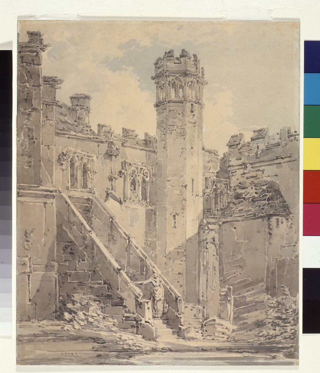 Haddon Hall poblíž Bakewell, Derbyshire (modrý a šedý inkoust myje tužku na bílém papíře) od Joseph Mallord William Turner