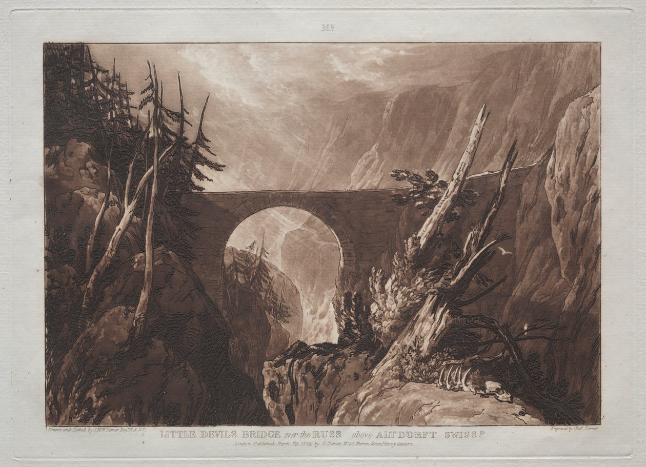 Liber Studiorum: Malý ďáblův most přes Russ, nad Altdorftem, Švýcarsko. od Joseph Mallord William Turner