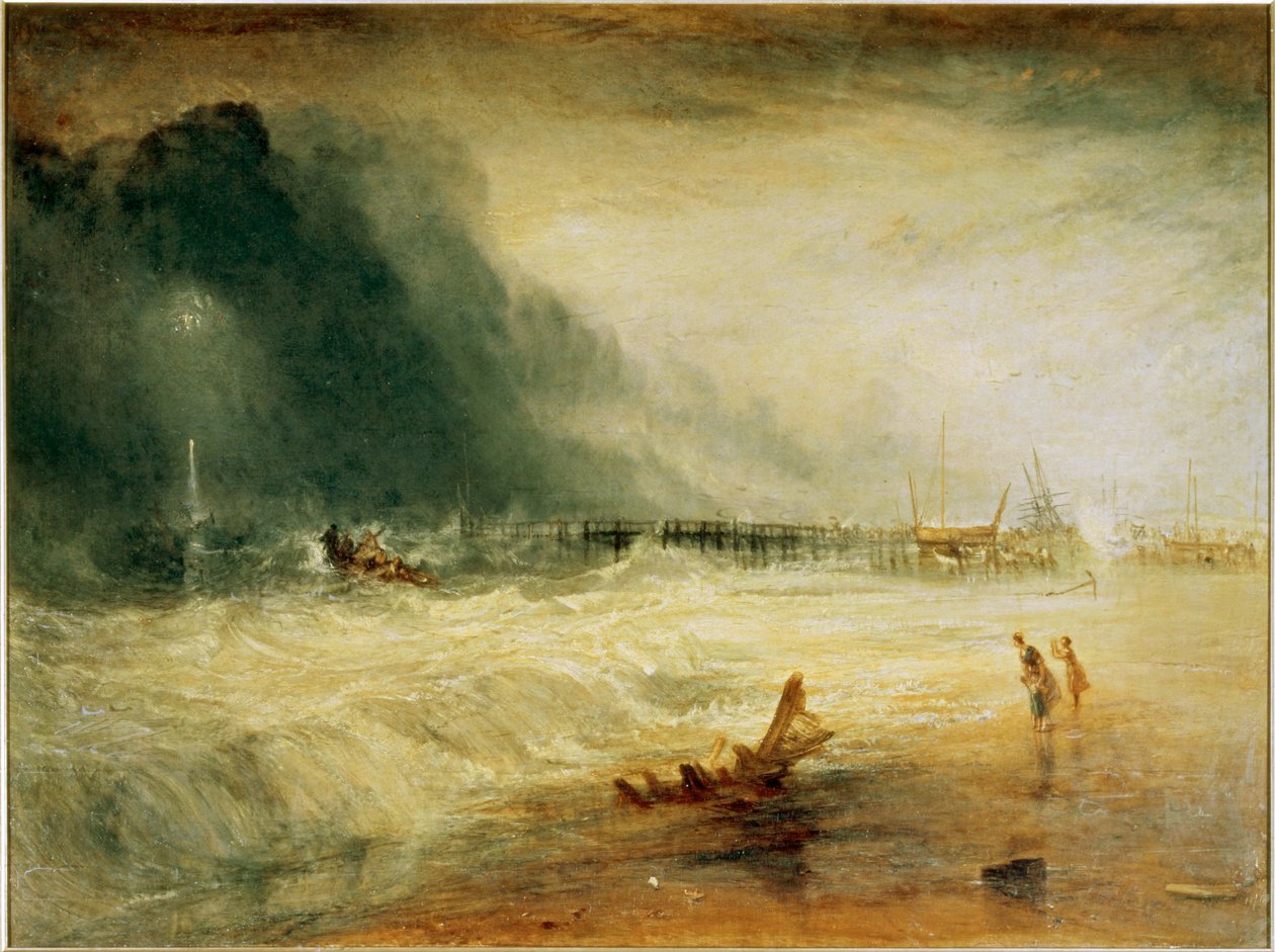 Záchranný člun a přístroj Manby jdoucí na pomoc uvízlému plavidlu, které dává signál o nebezpečí... (malba na plátně) od Joseph Mallord William Turner
