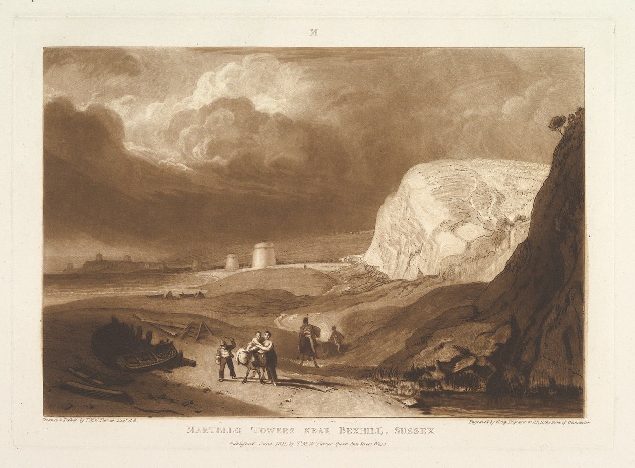 Martello Towers poblíž Bexhill, Sussex Liber Studiorum, část VII, deska 34, červen 1811. od Joseph Mallord William Turner