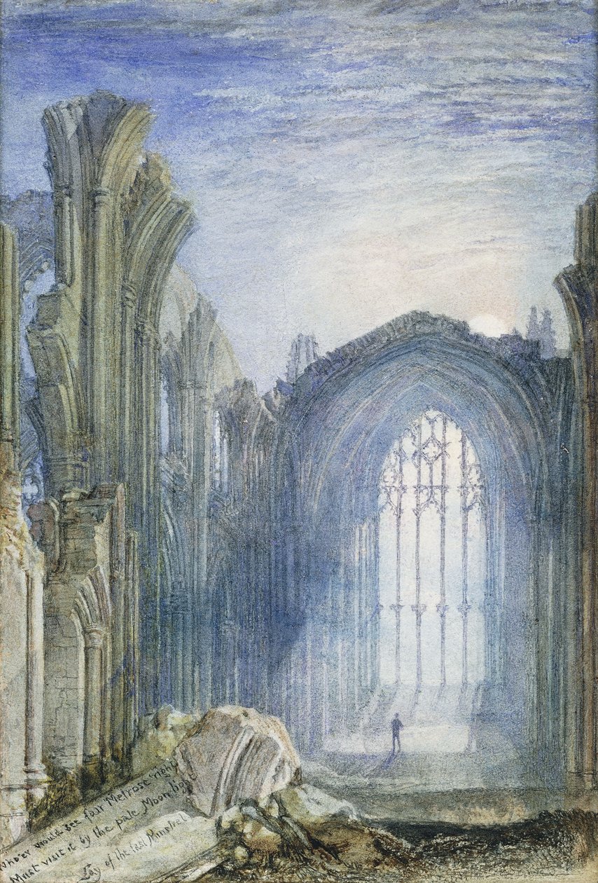 Melrose Abbey: Ilustrace ke skladbě sira Waltera Scotta The Lay of the Last Minstrel od Joseph Mallord William Turner