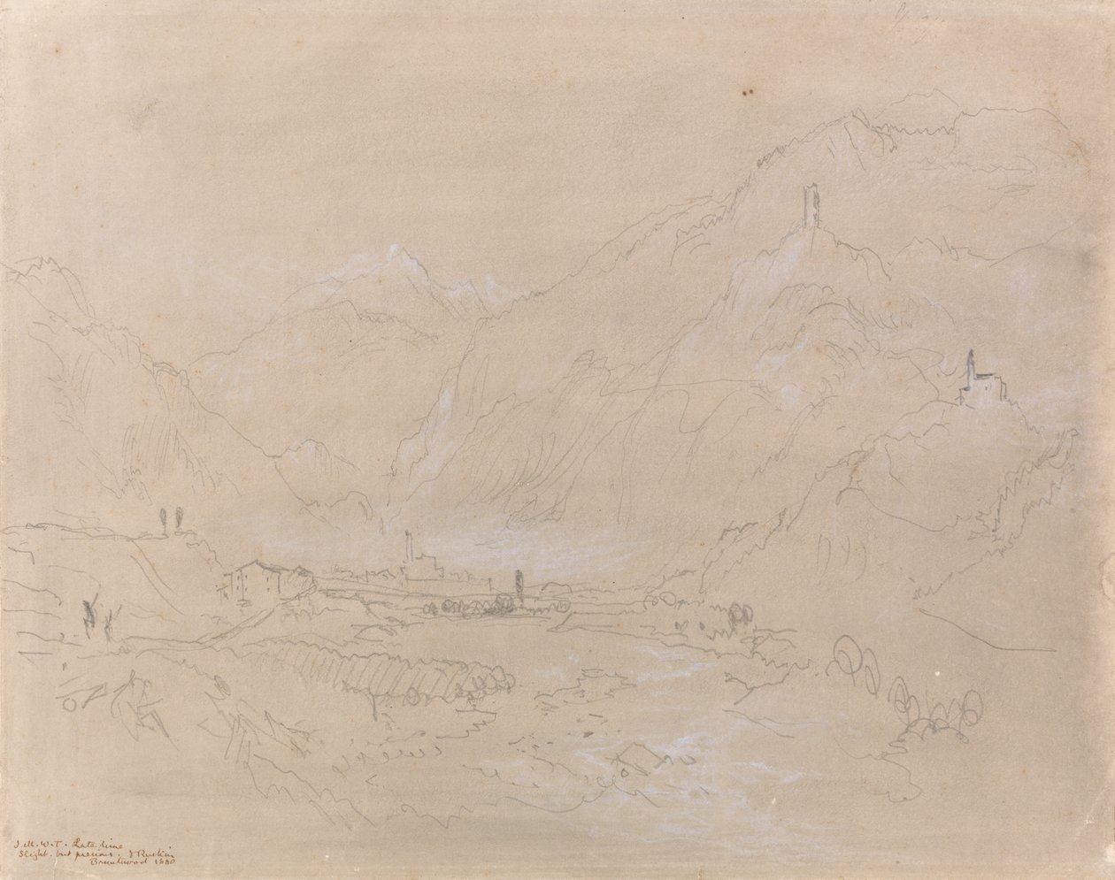 Horská krajina s městem v údolí, kolem roku 1840 (grafit a šedá barva na papíře) od Joseph Mallord William Turner