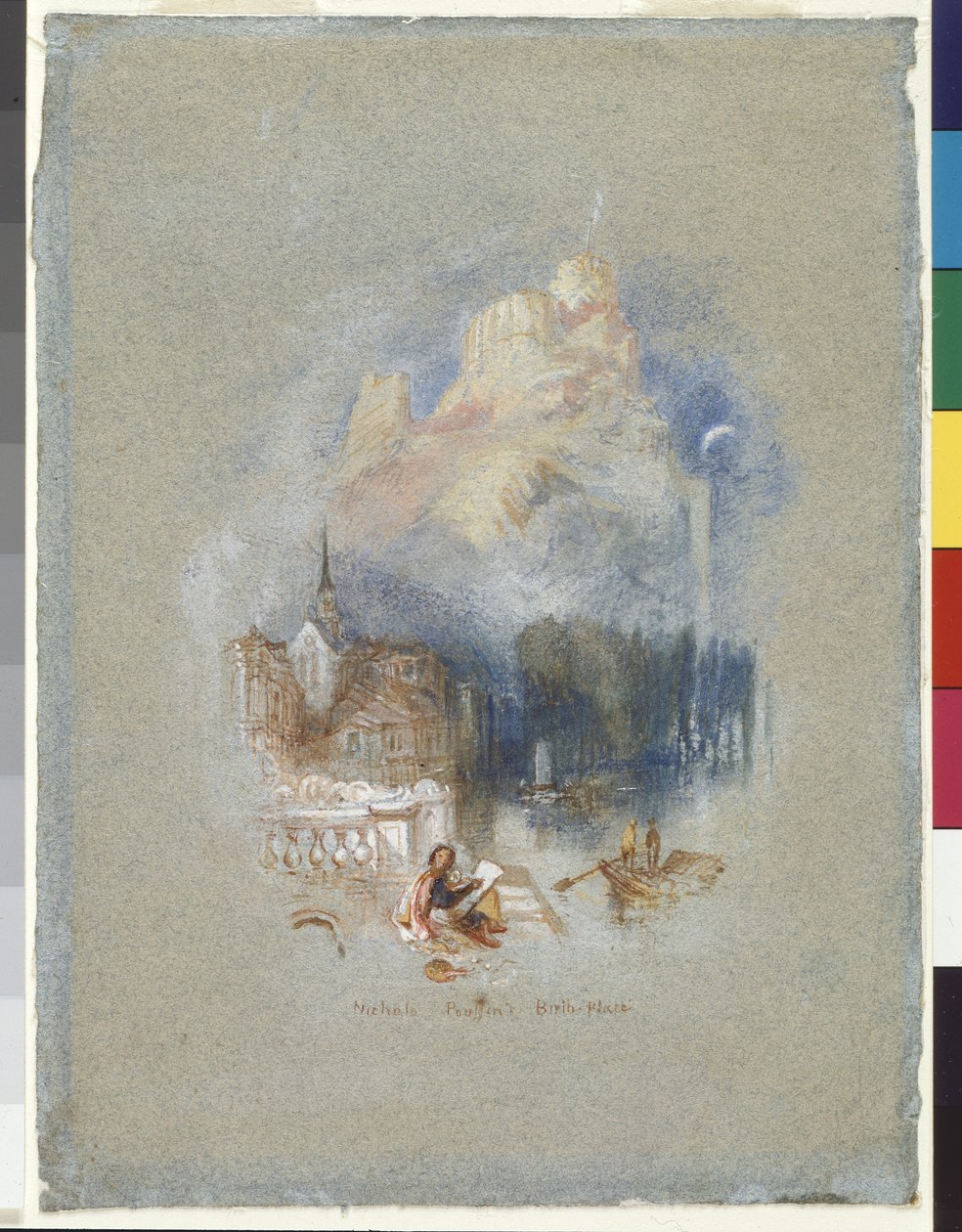 Rodný dům Nicholase Poussina (akvarel a kvaš zpevněné červeným inkoustem na modrém papíře) od Joseph Mallord William Turner