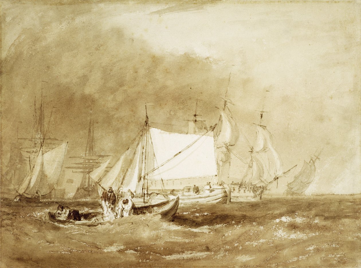 Přepravní scéna, s rybáři, cca 1815-20 (štětec a hnědý inkoust na papíře) od Joseph Mallord William Turner