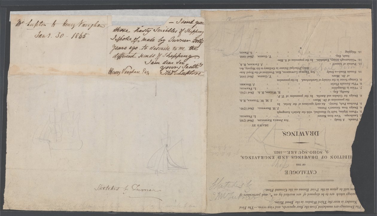 Náčrt dvou lodí na stránce katalogu, kolem roku 1823 od Joseph Mallord William Turner
