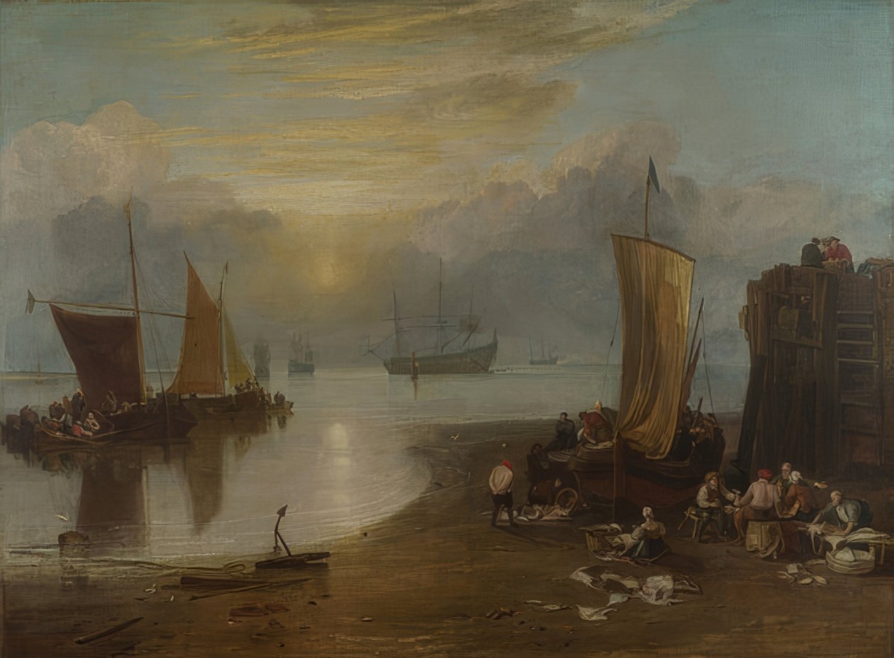 Východ slunce v oparu. Rybáři vykuchávají a prodávají ryby. Před rokem 1807 od Joseph Mallord William Turner