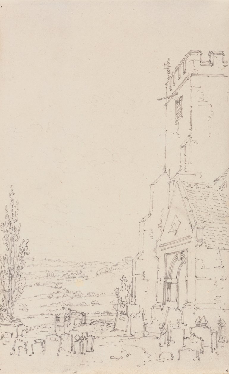 Jižní veranda a věž neidentifikovaného kostela, cca 1790-95 (tužka na položený papír) od Joseph Mallord William Turner