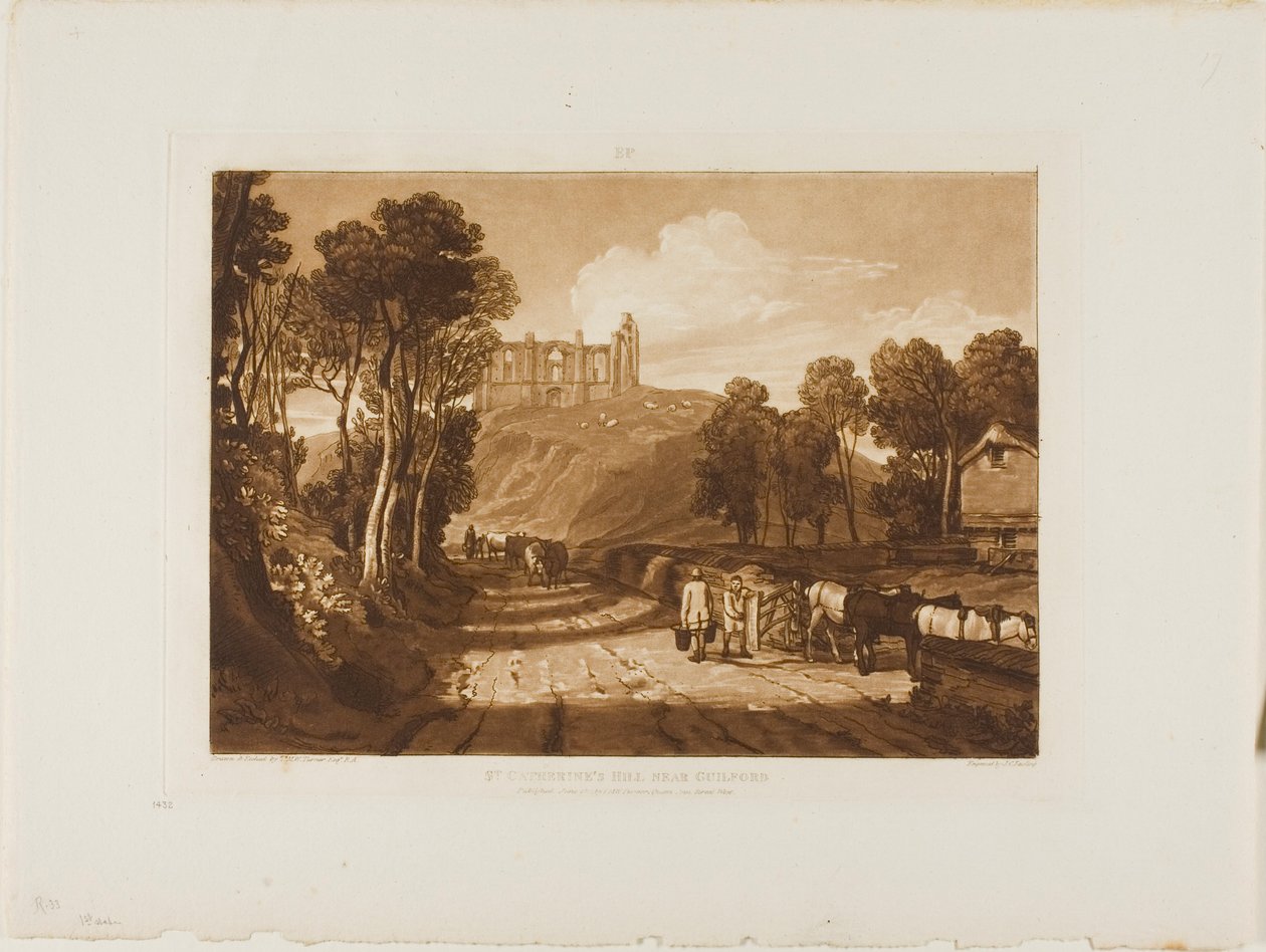 Kopec svaté Kateřiny poblíž Guilfordu, deska 33 z Liber Studiorum od Joseph Mallord William Turner