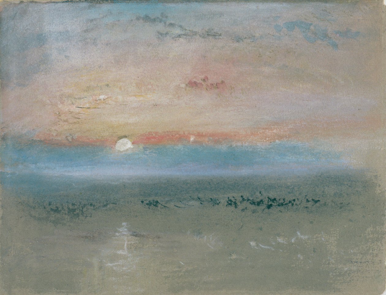 Západ slunce, cca 1830 (wc a kvaš na šedém papíře) od Joseph Mallord William Turner