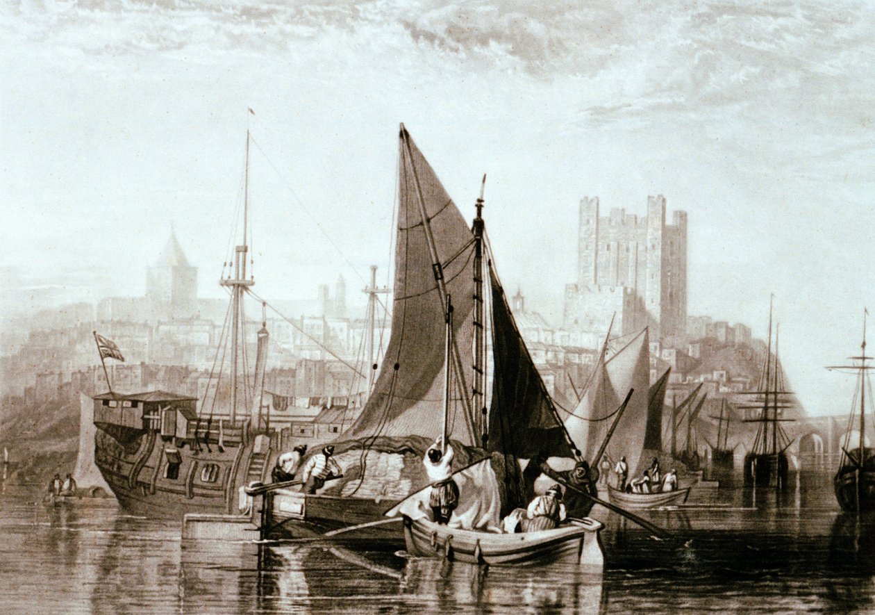 Barka na Temži převážející seno, vězeňský koráb a další lodní dopravu v Rochesteru na řece Medway od Joseph Mallord William Turner